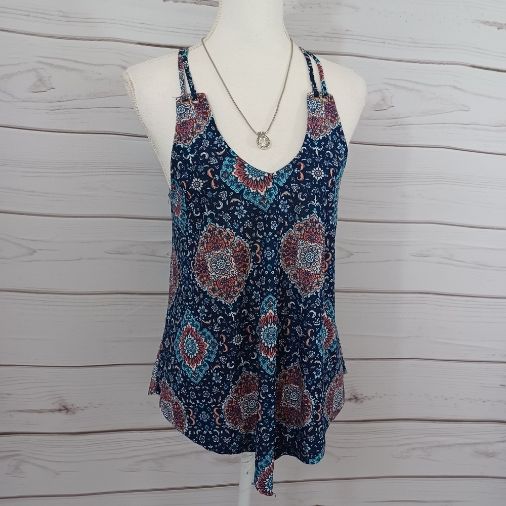 Agenda Bohemian Print Blue Lightweight Asymmetrical Sleeveless Shirt Halter Top
